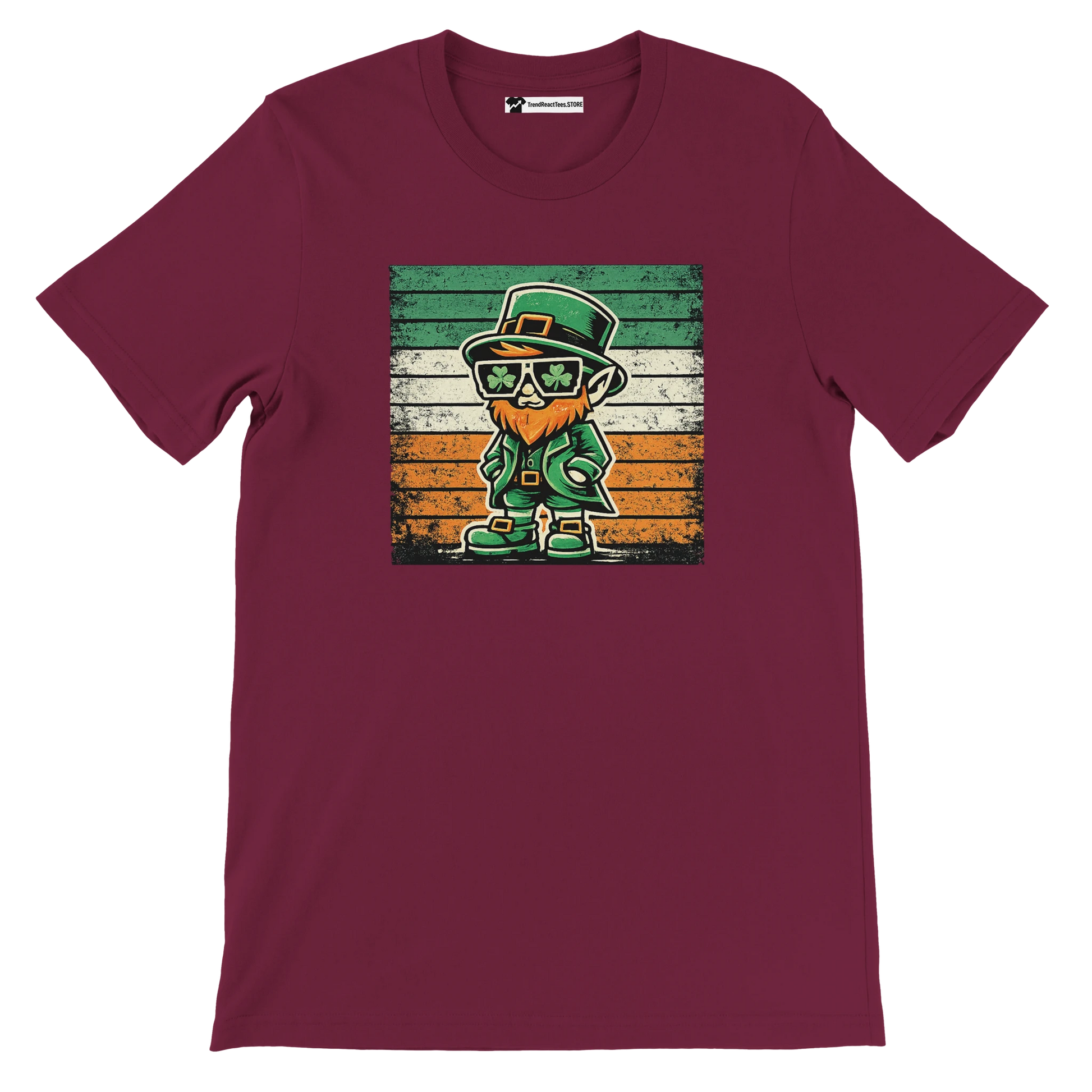 Maroon t-shirt with cartoon leprechaun, shamrock glasses, Irish flag background