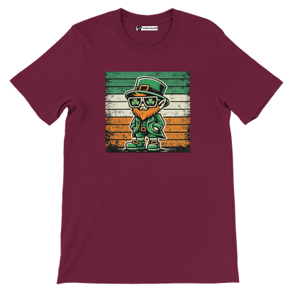 Maroon t-shirt with cartoon leprechaun, shamrock glasses, Irish flag background