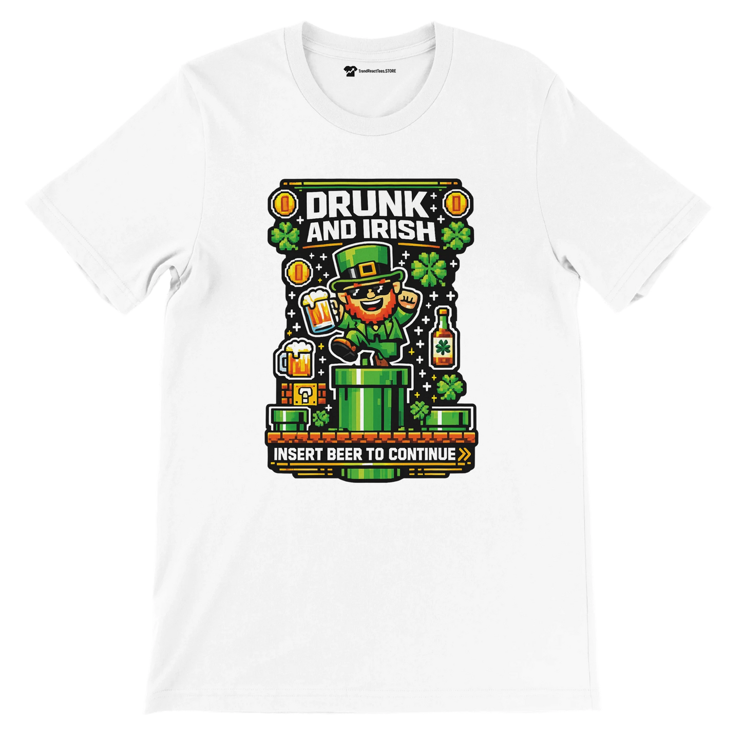 White t-shirt with pixel art leprechaun, beer, shamrocks, and 'Drunk and Irish' text for St. Patrick's Day.