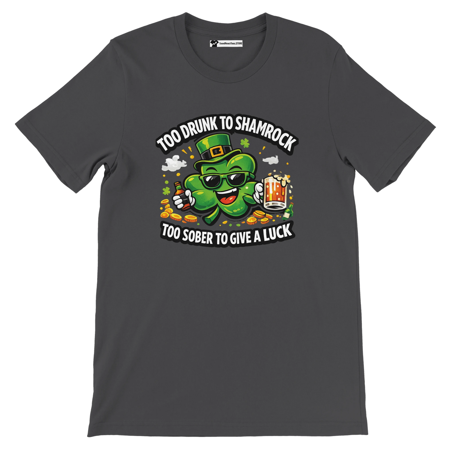 Funny St. Patrick's Day t-shirt with shamrock cartoon, beer mug, Irish quote, and gold coins.