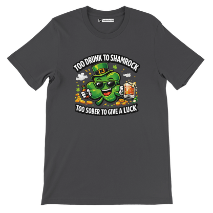 Funny St. Patrick's Day t-shirt with shamrock cartoon, beer mug, Irish quote, and gold coins.