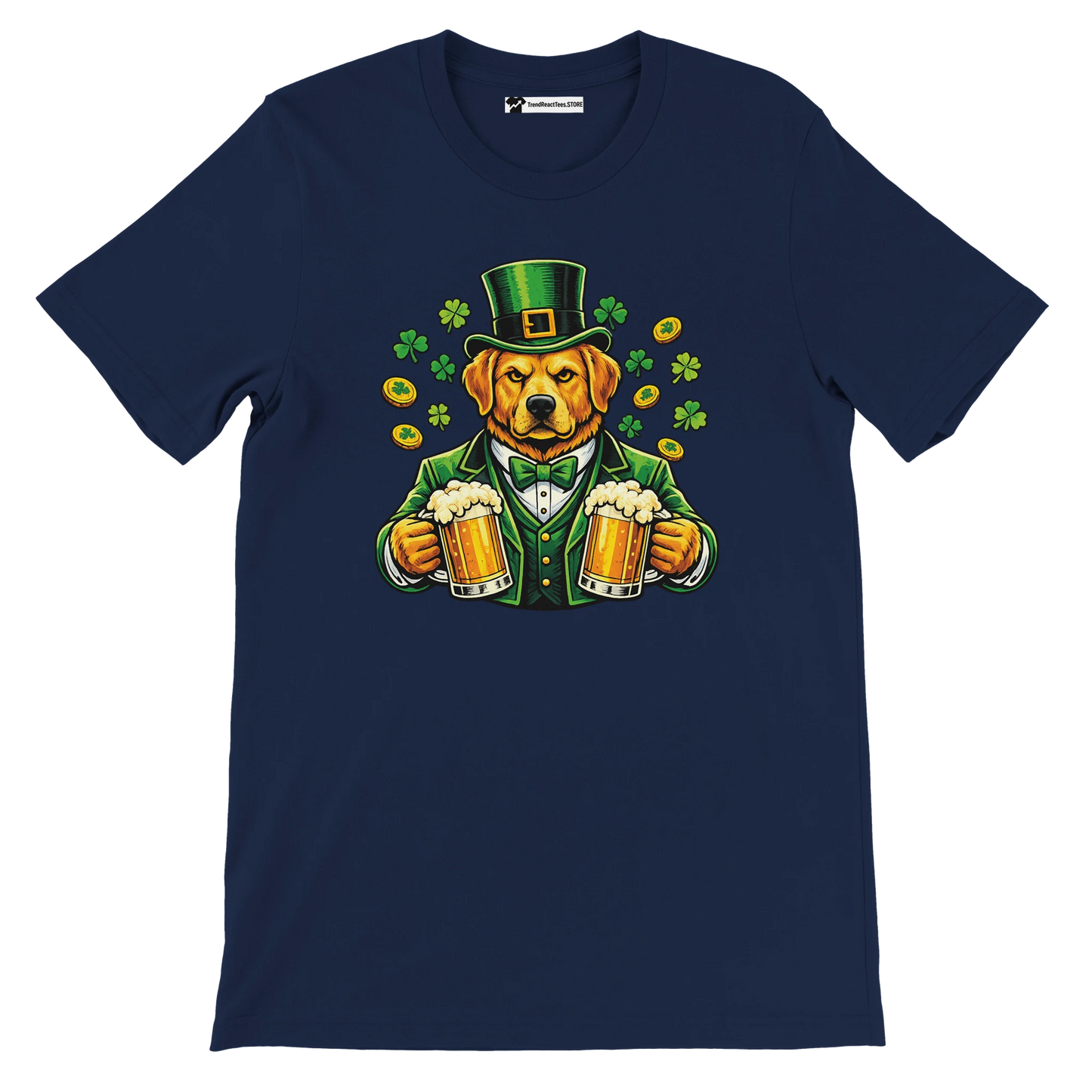 St. Patrick's Day dog in green suit holding beer mugs with shamrocks and coins