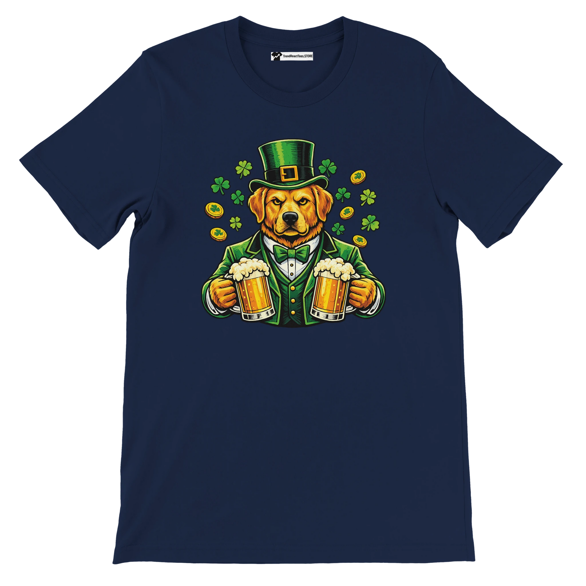 St. Patrick's Day dog in green suit holding beer mugs with shamrocks and coins