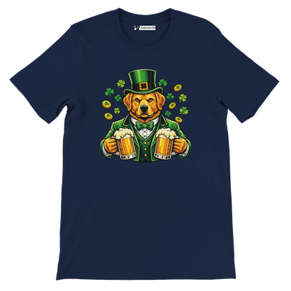 St. Patrick's Day dog in green suit holding beer mugs with shamrocks and coins