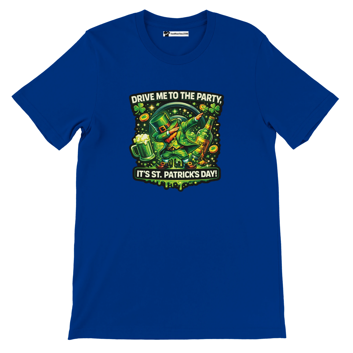 Blue St. Patrick's Day tee with dabbing leprechaun, beer, shamrocks, and 'Drive Me to the Party' text
