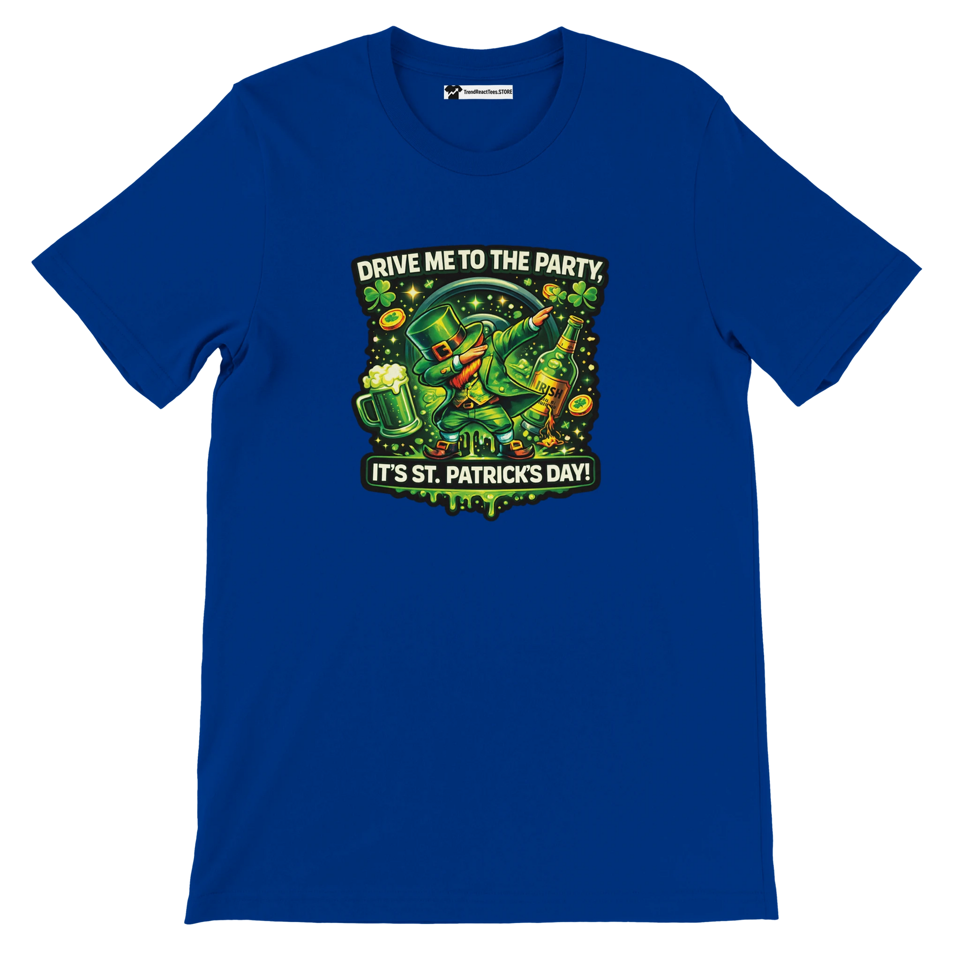 Blue St. Patrick's Day tee with dabbing leprechaun, beer, shamrocks, and 'Drive Me to the Party' text