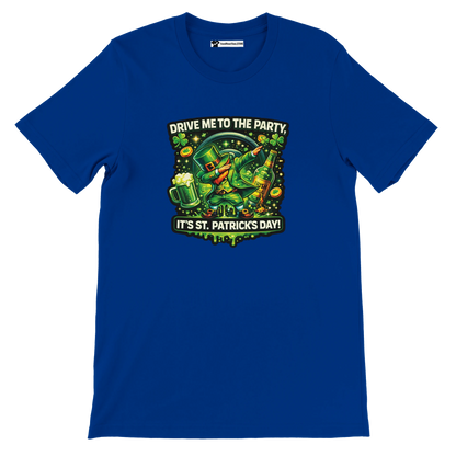 Blue St. Patrick's Day tee with dabbing leprechaun, beer, shamrocks, and 'Drive Me to the Party' text