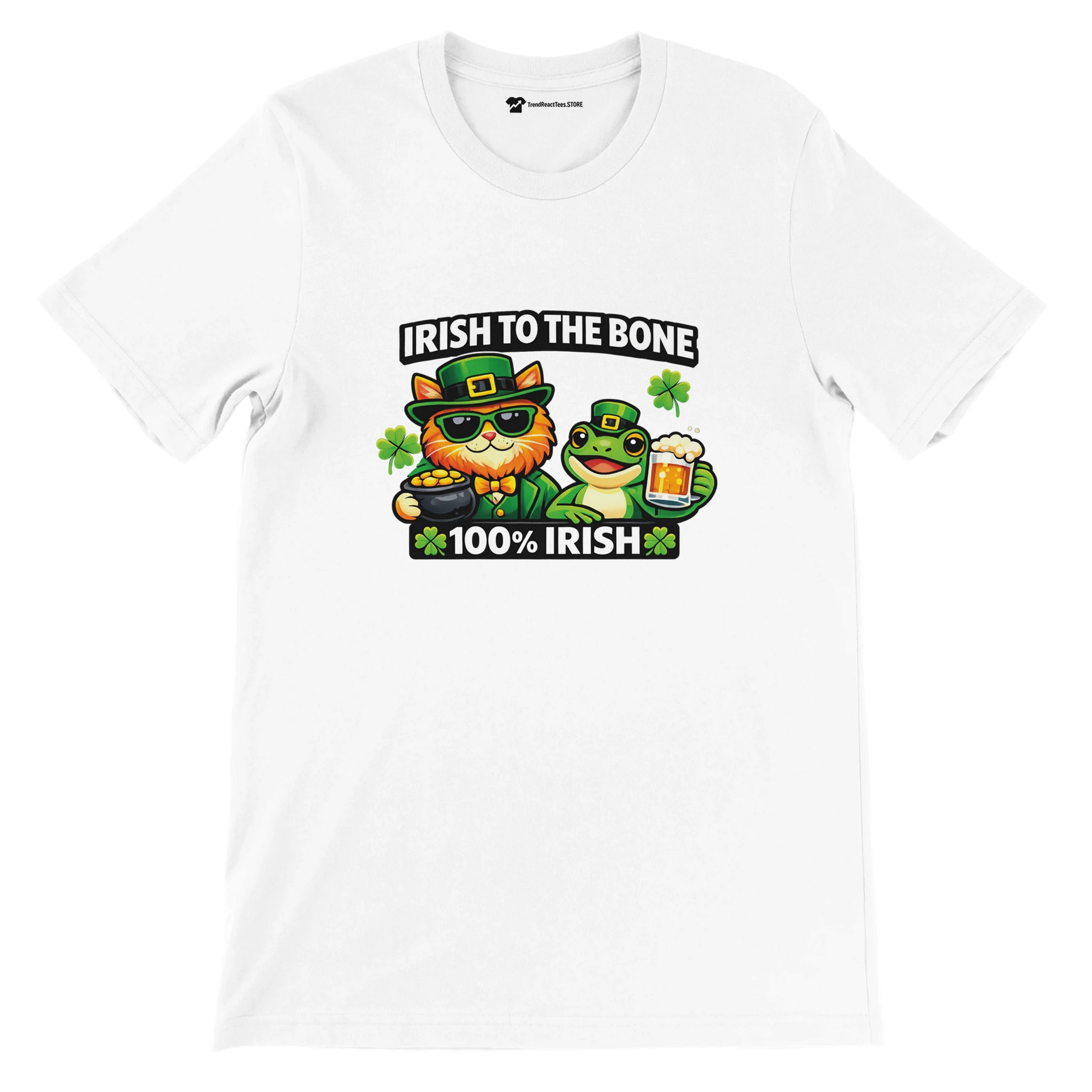 Irish to the Bone St. Patrick's Day tee with cat, frog, shamrocks, and beer graphic