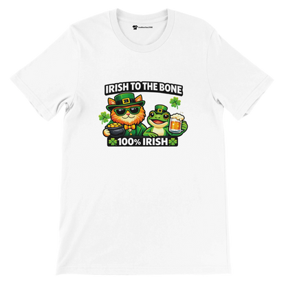 Irish to the Bone St. Patrick's Day tee with cat, frog, shamrocks, and beer graphic