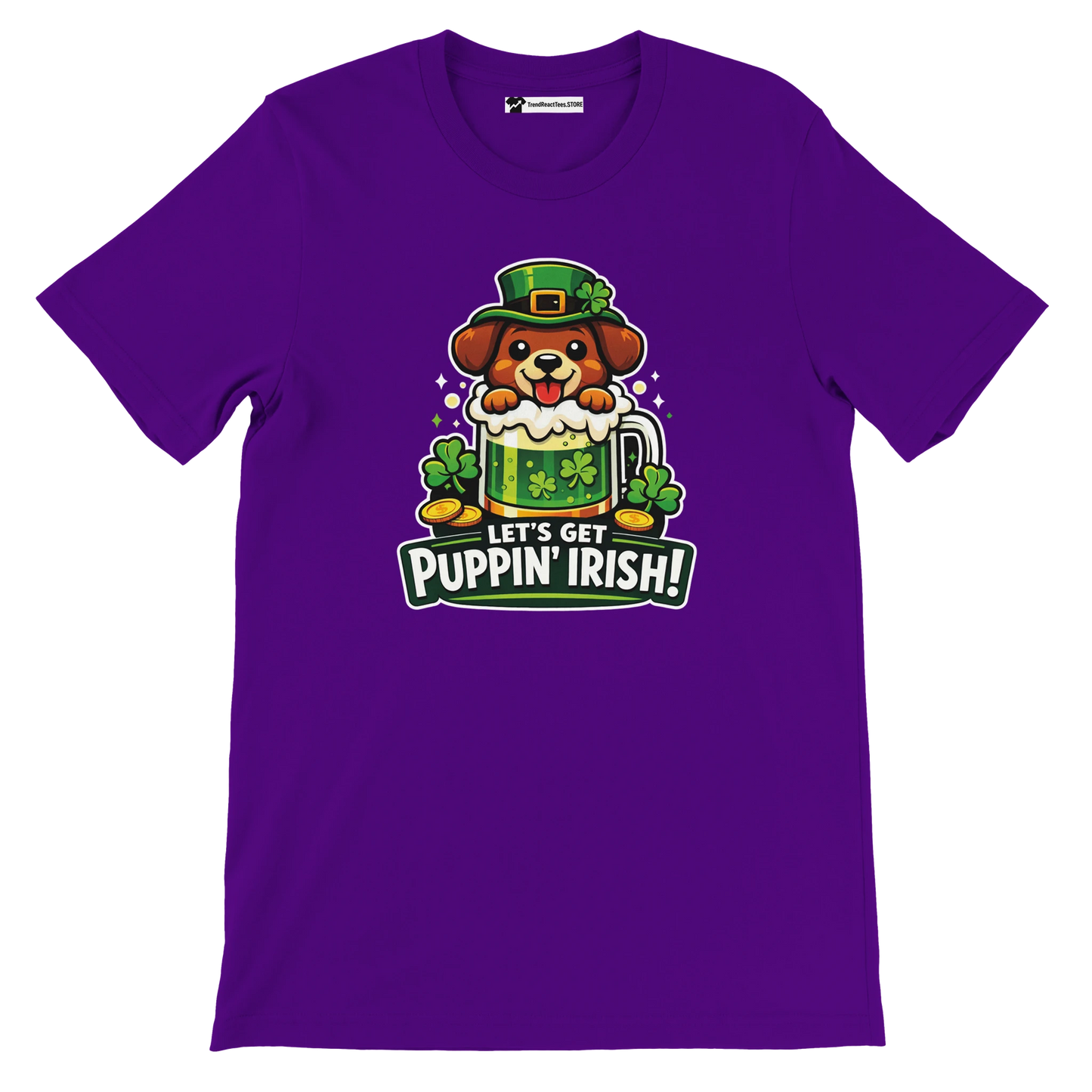 Purple t-shirt with cartoon dog in a leprechaun hat, shamrocks, gold coins, St. Patrick's Day quote