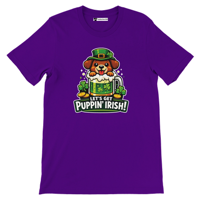 Purple t-shirt with cartoon dog in a leprechaun hat, shamrocks, gold coins, St. Patrick's Day quote