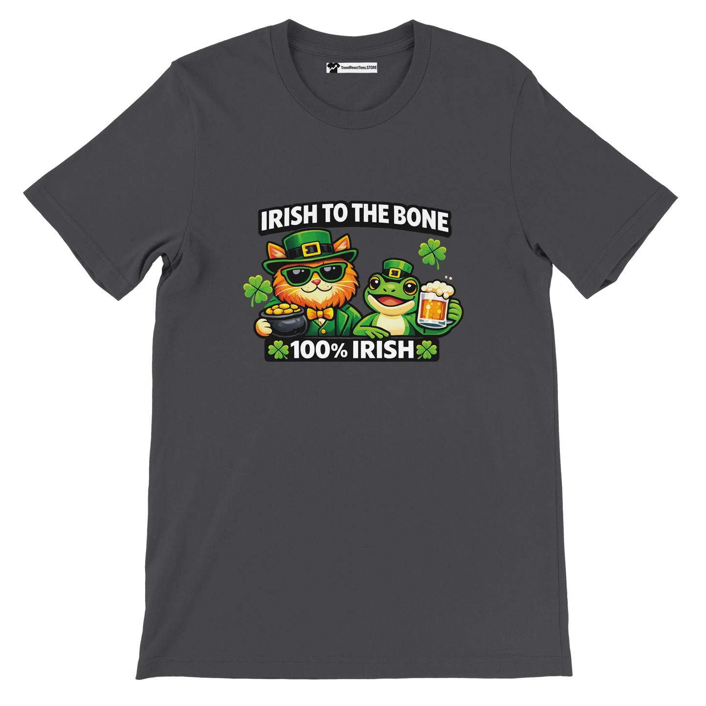 Irish to the Bone St. Patrick's Day tee with cat, frog, shamrocks, and beer graphic