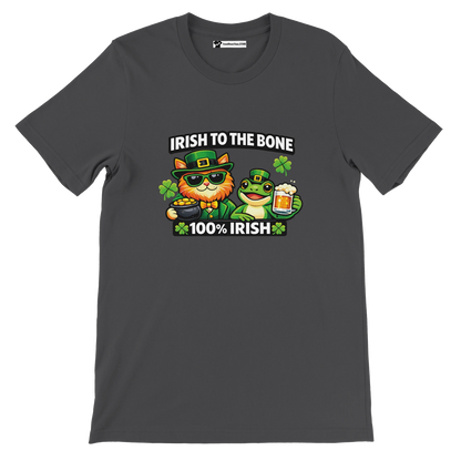 Irish to the Bone St. Patrick's Day tee with cat, frog, shamrocks, and beer graphic