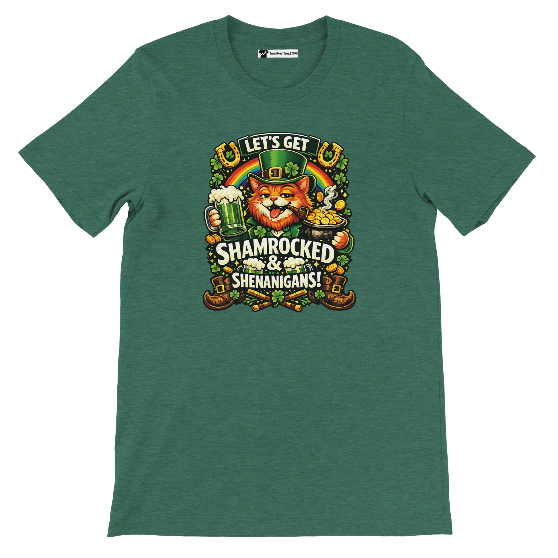 Green t-shirt with Irish cat, beer, gold coins, and 'Let's Get Shamrocked & Shenanigans!' text