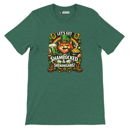 Green t-shirt with Irish cat, beer, gold coins, and 'Let's Get Shamrocked & Shenanigans!' text