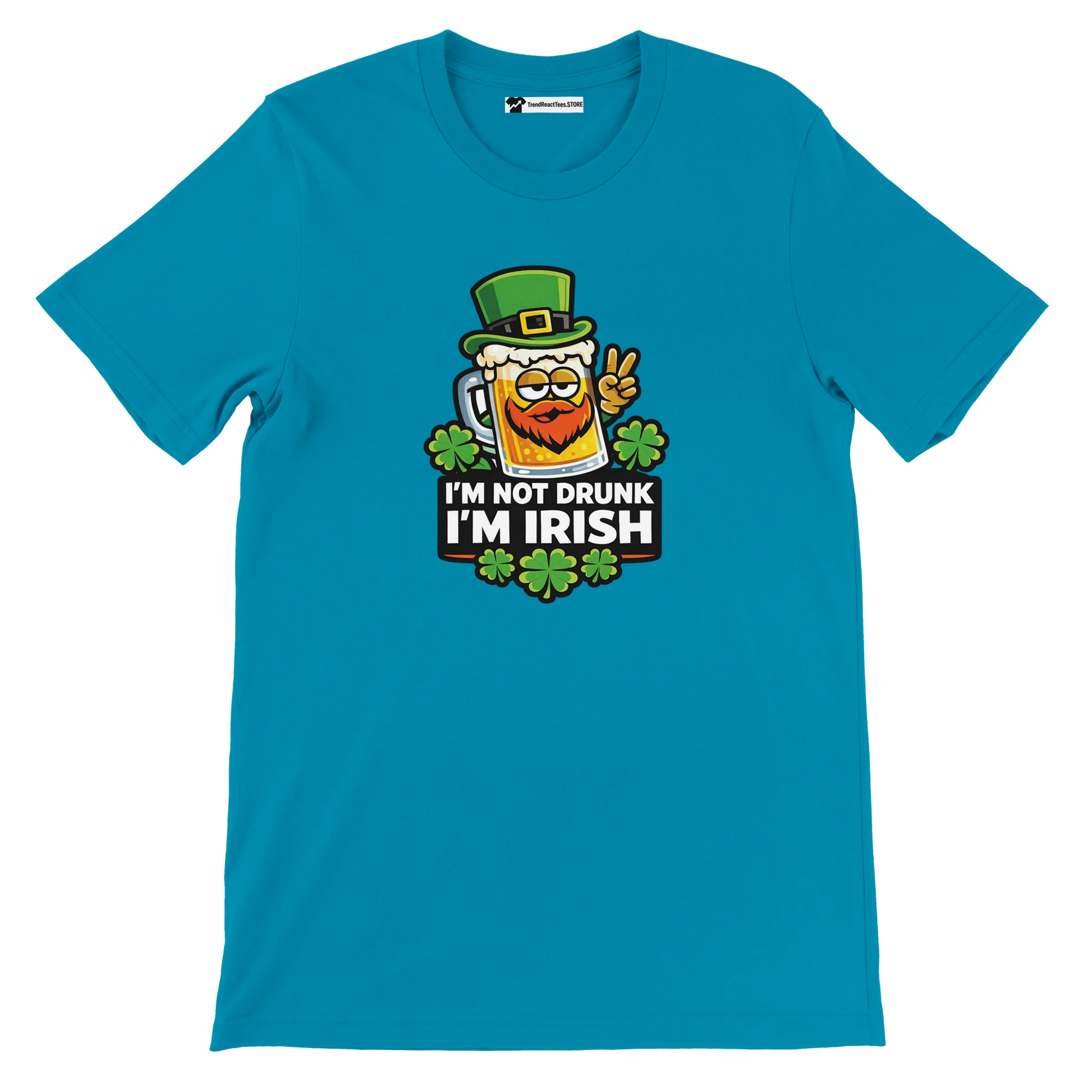 Blue t-shirt with funny Irish beer mug graphic and 'I'm Not Drunk I'm Irish' text for St. Patrick's Day.