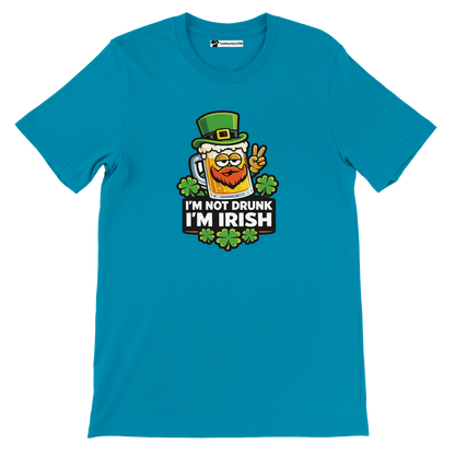 Blue t-shirt with funny Irish beer mug graphic and 'I'm Not Drunk I'm Irish' text for St. Patrick's Day.