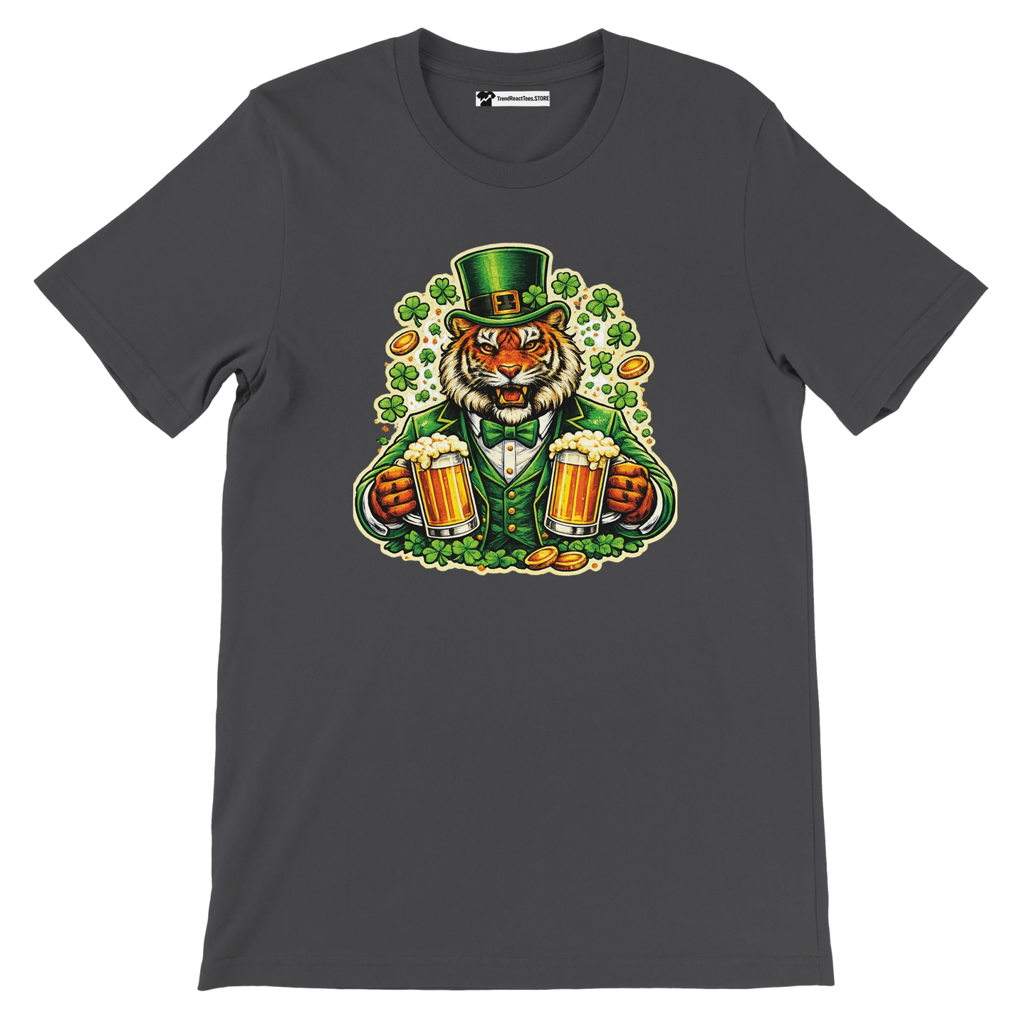 Anime-style tiger in leprechaun outfit holding beer mugs, clovers and gold coins on t-shirt