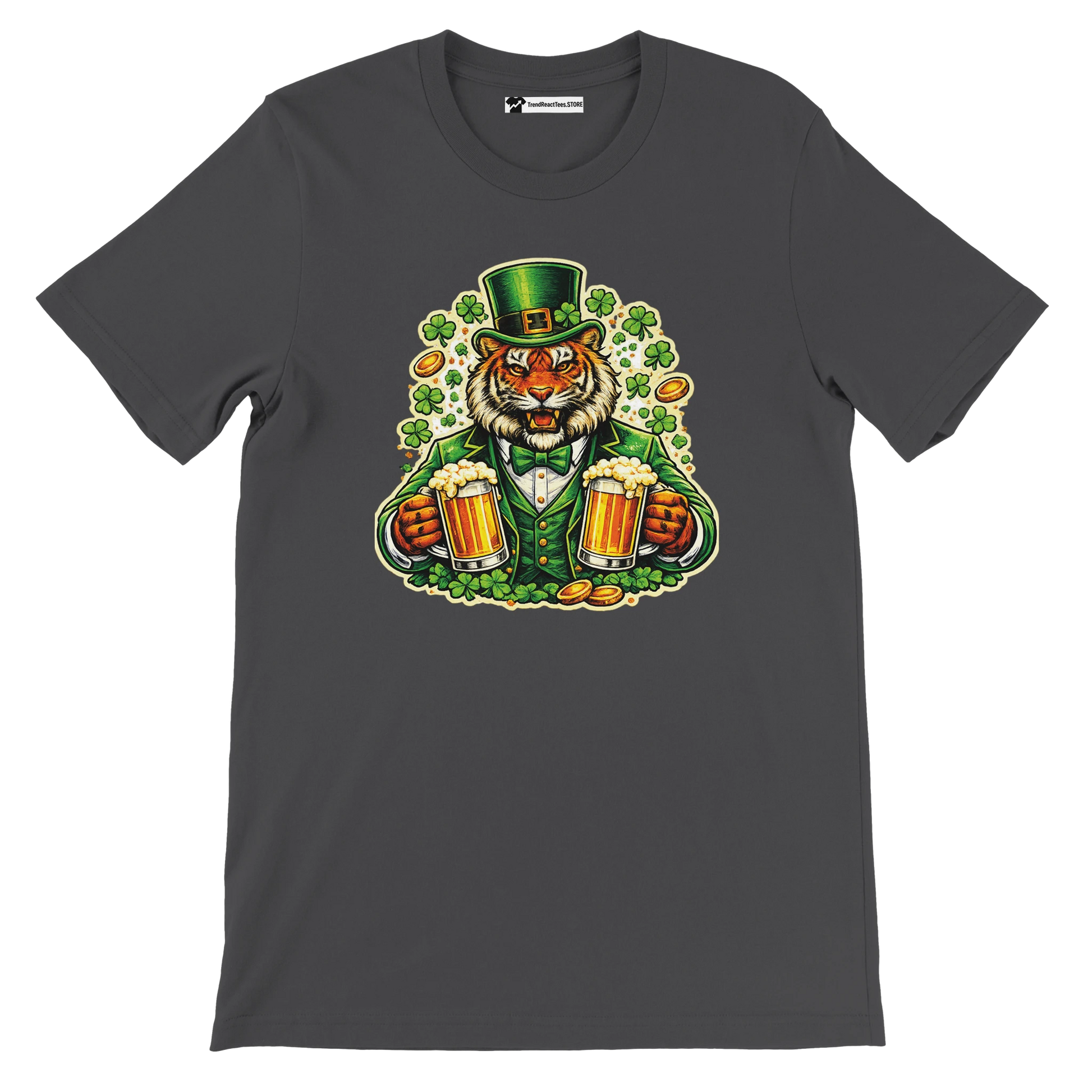 Anime-style tiger in leprechaun outfit holding beer mugs, clovers and gold coins on t-shirt