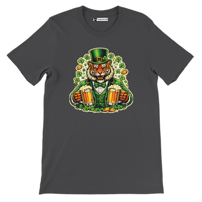 Anime-style tiger in leprechaun outfit holding beer mugs, clovers and gold coins on t-shirt