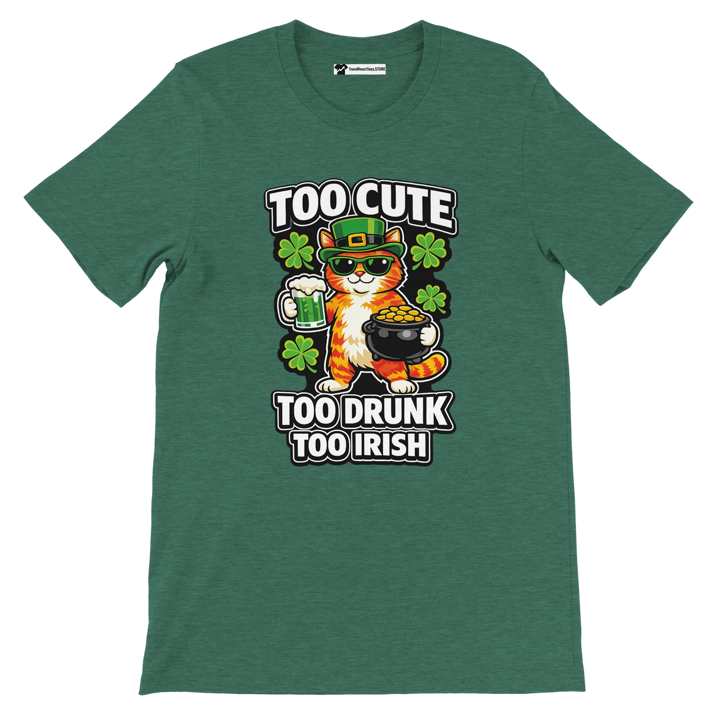 Green t-shirt with cartoon cat in leprechaun hat, shamrocks, beer, gold pot, St. Patrick's Day quote
