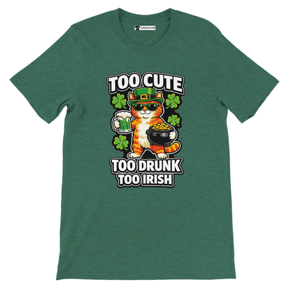 Green t-shirt with cartoon cat in leprechaun hat, shamrocks, beer, gold pot, St. Patrick's Day quote