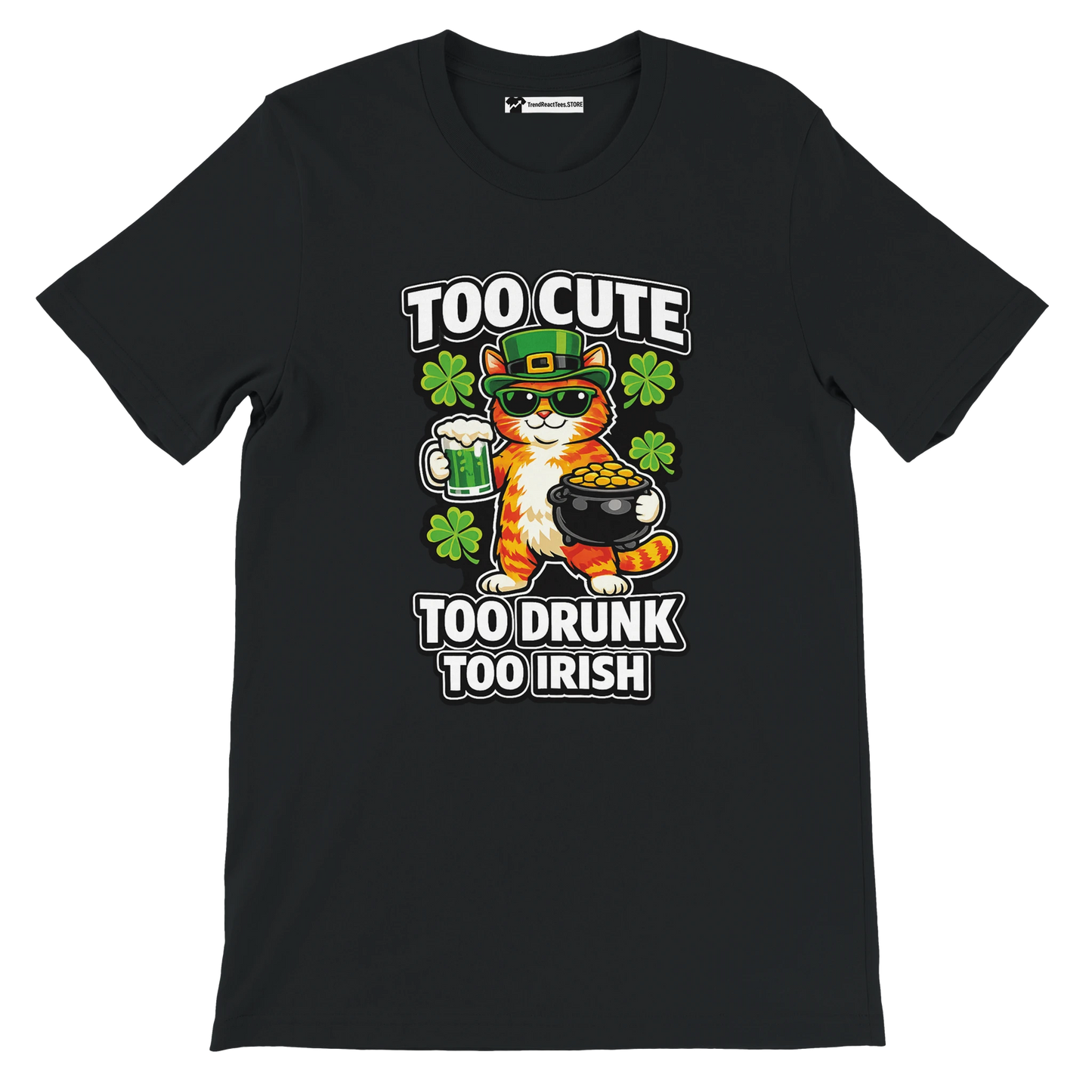 Black tee with cartoon cat in leprechaun hat, holding beer and gold pot, shamrocks, St. Patrick’s Day