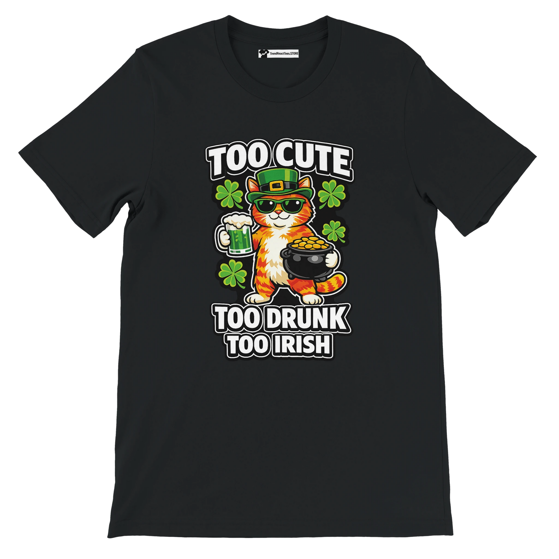 Black tee with cartoon cat in leprechaun hat, holding beer and gold pot, shamrocks, St. Patrick’s Day