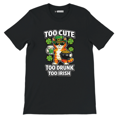 Black tee with cartoon cat in leprechaun hat, holding beer and gold pot, shamrocks, St. Patrick’s Day