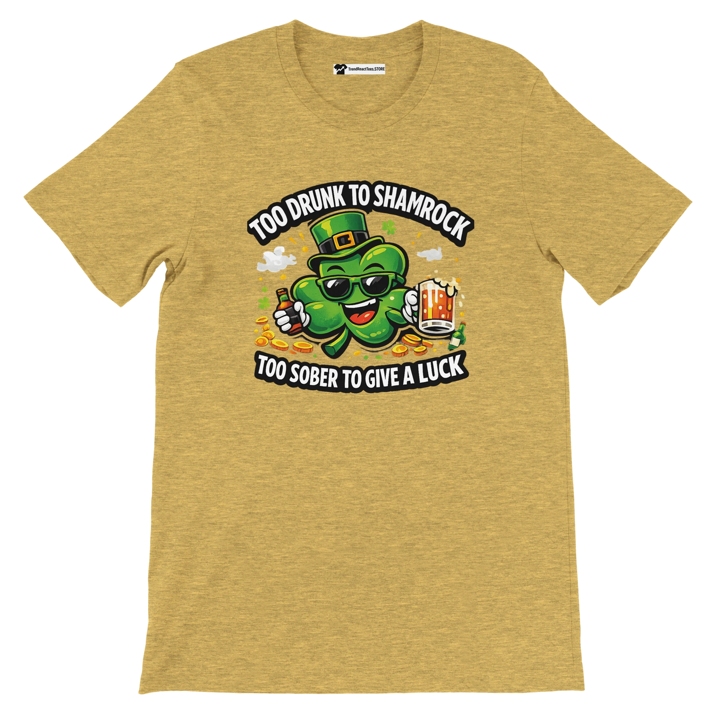 Funny St. Patrick's Day t-shirt with cartoon shamrock holding beer, leprechaun hat, and coins.