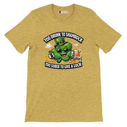 Funny St. Patrick's Day t-shirt with cartoon shamrock holding beer, leprechaun hat, and coins.