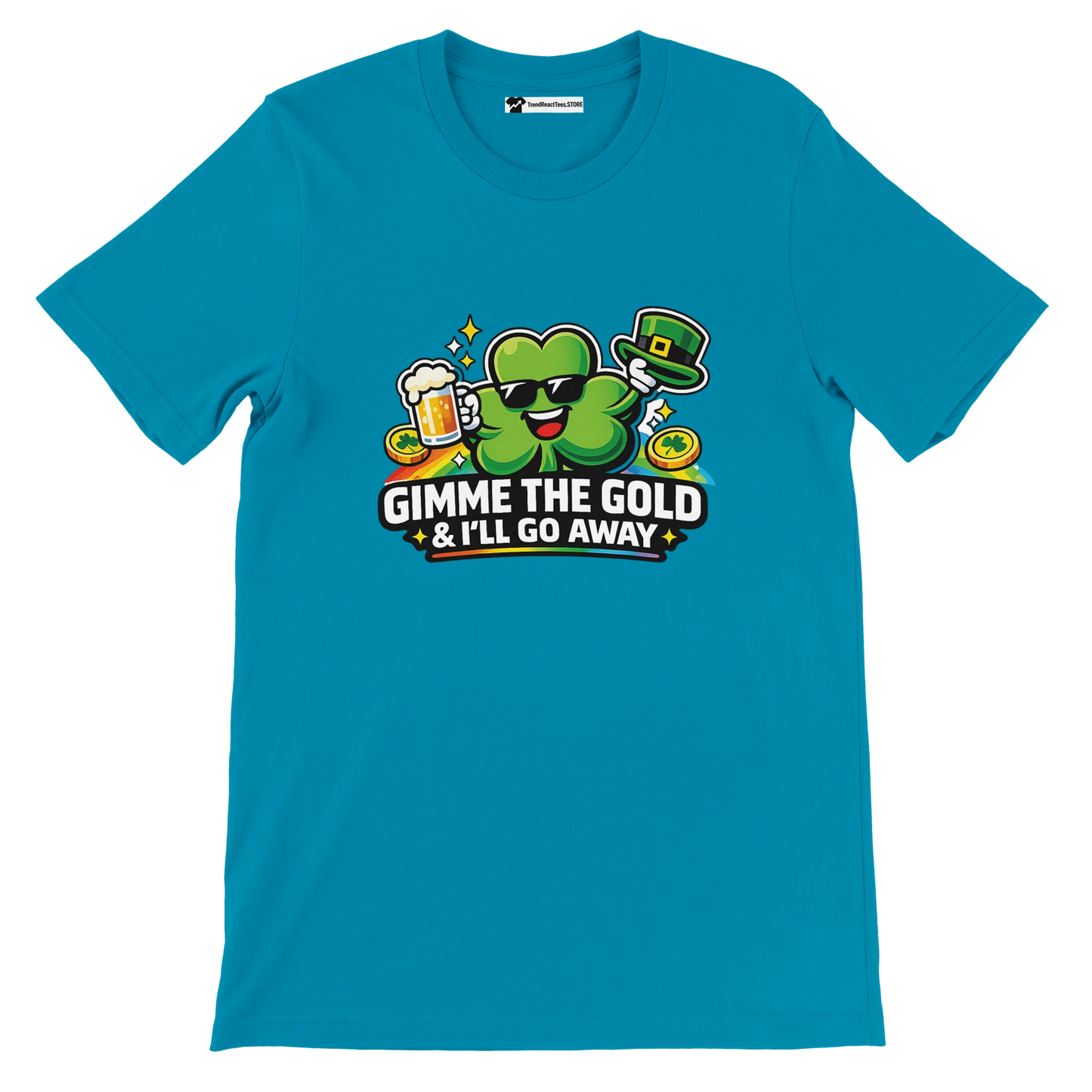 Teal St. Patrick's Day tee with shamrock, beer, gold coins, and 'Gimme the Gold' text
