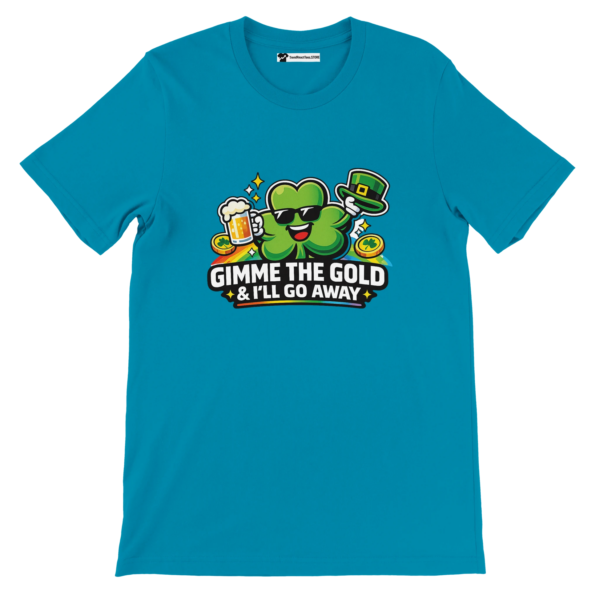 Teal St. Patrick's Day tee with shamrock, beer, gold coins, and 'Gimme the Gold' text