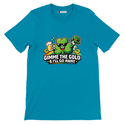 Teal St. Patrick's Day tee with shamrock, beer, gold coins, and 'Gimme the Gold' text