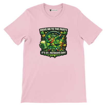 Pink St. Patrick's Day tee with leprechaun dabbing, beer, shamrocks, and 'Drive Me to the Party' text