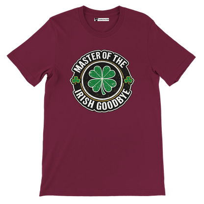 Maroon t-shirt with 'Master of the Irish Goodbye' graphic and shamrock design