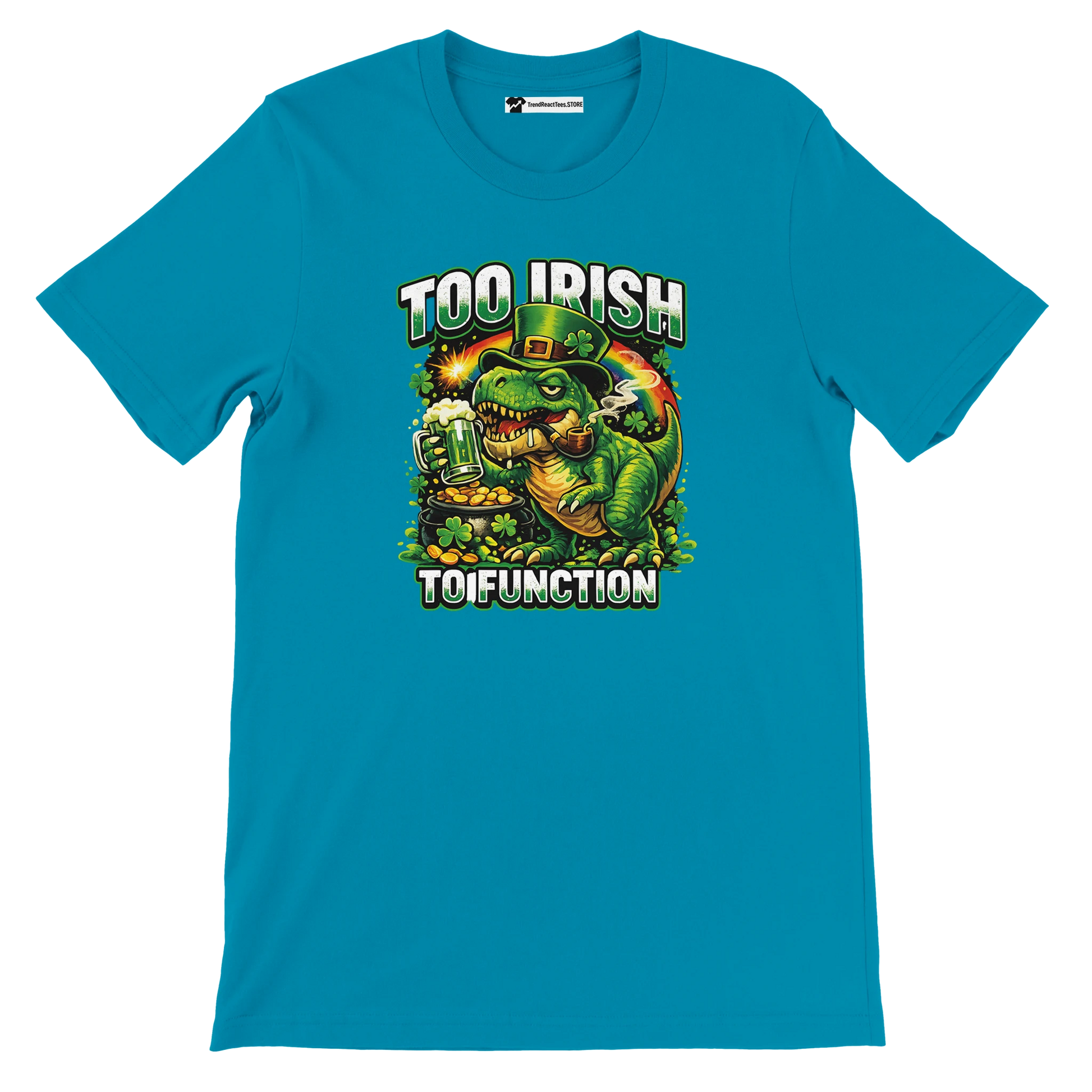 Too Irish To Function dinosaur tee with shamrocks, beer, and gold coins for St. Patrick's Day
