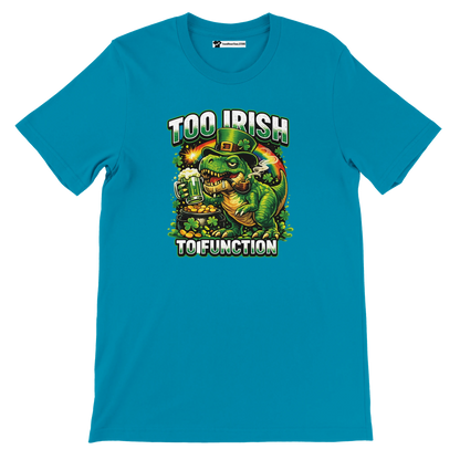 Too Irish To Function dinosaur tee with shamrocks, beer, and gold coins for St. Patrick's Day
