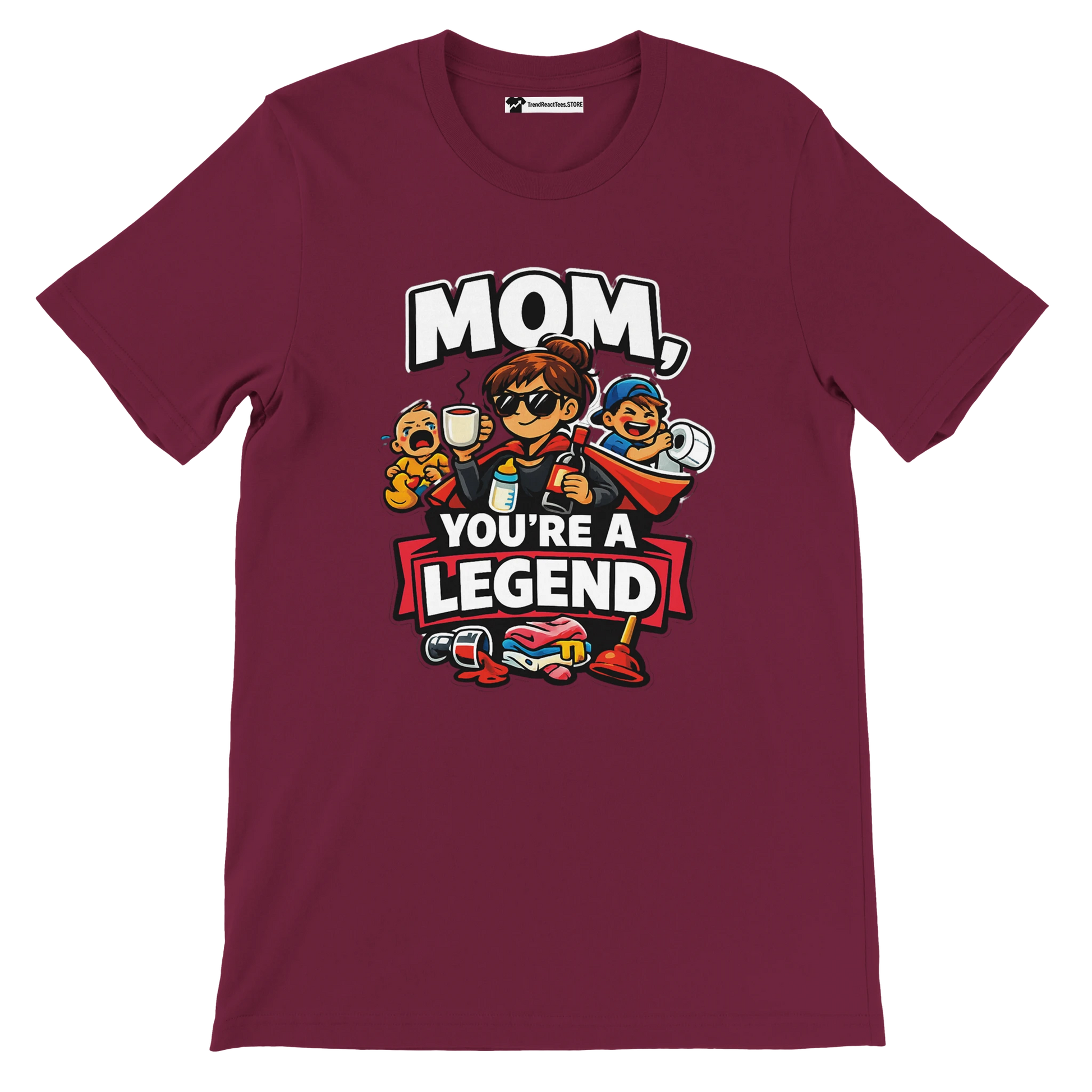 Burgundy t-shirt with cartoon mom and kids, text says 'Mom, you're a legend'.