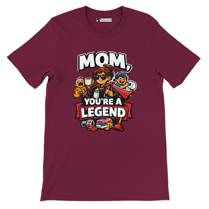 Burgundy t-shirt with cartoon mom and kids, text says 'Mom, you're a legend'.