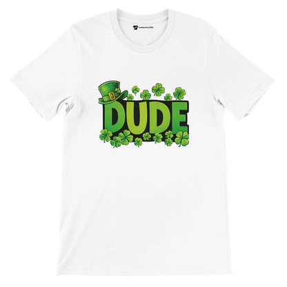 White t-shirt with green 'DUDE' text, shamrocks, and a leprechaun hat, St. Patrick's Day shirt