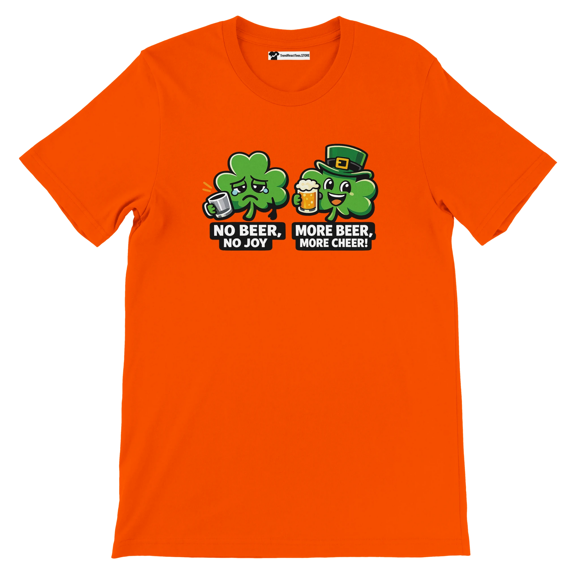 Orange t-shirt with cartoon shamrocks, St. Patrick's Day quote, beer mugs, festive design