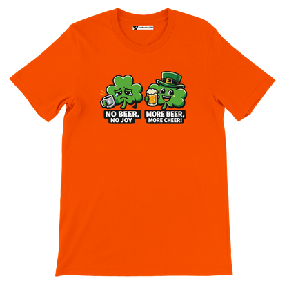 Orange t-shirt with cartoon shamrocks, St. Patrick's Day quote, beer mugs, festive design