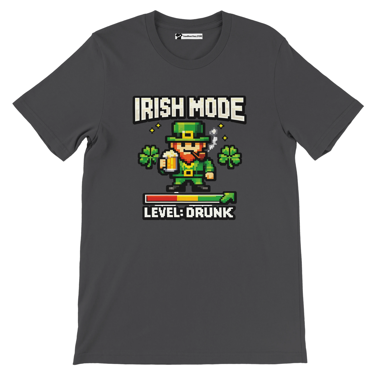 Irish Mode Level Drunk pixel art leprechaun tee with shamrocks, beer, and game bar for St. Patrick's Day