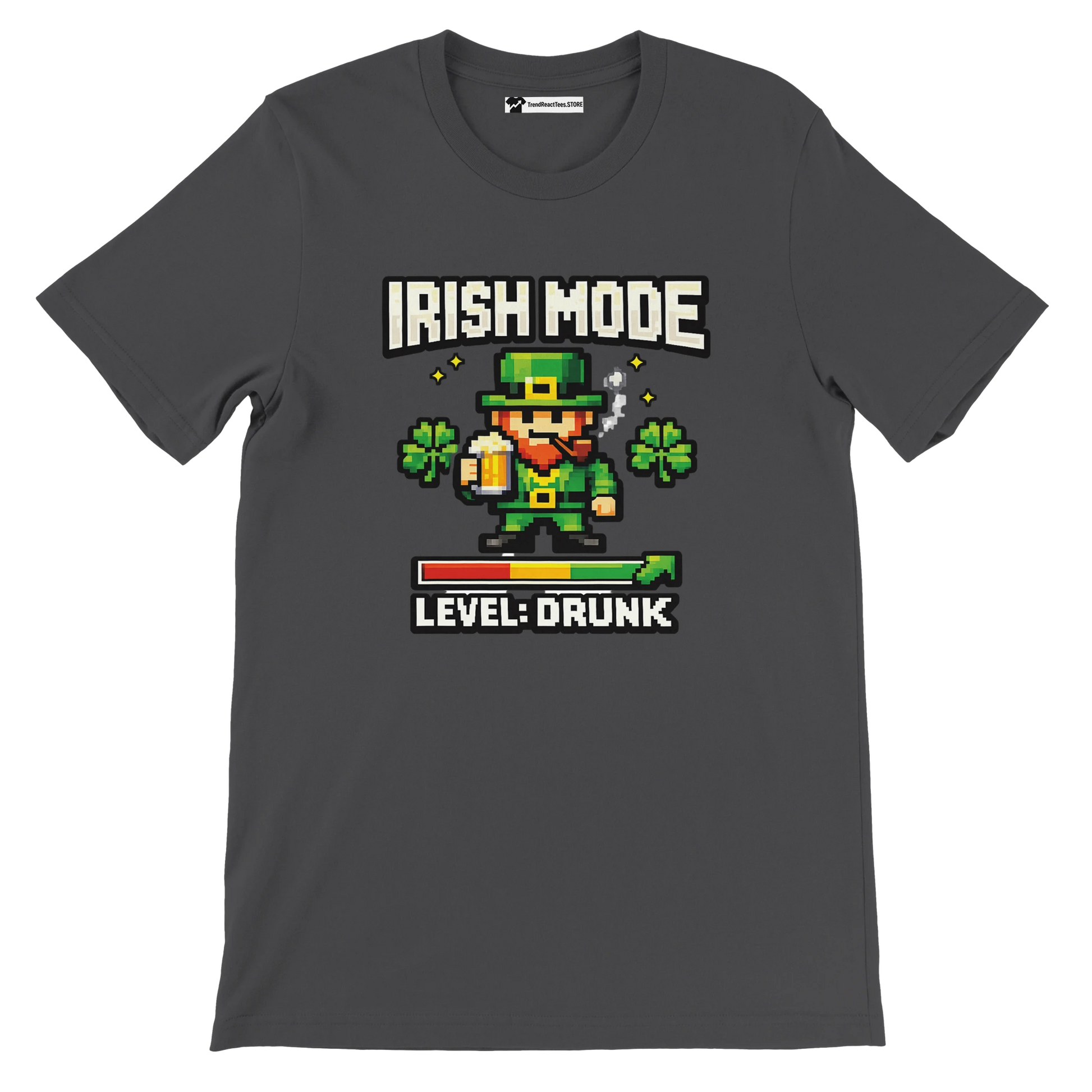 Irish Mode Level Drunk pixel art leprechaun tee with shamrocks, beer, and game bar for St. Patrick's Day