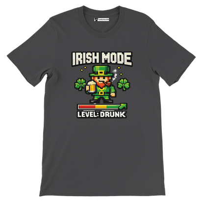 Irish Mode Level Drunk pixel art leprechaun tee with shamrocks, beer, and game bar for St. Patrick's Day
