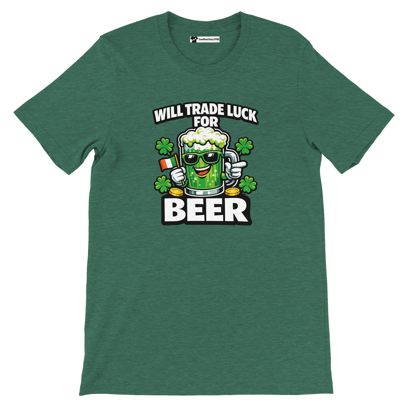 Green St. Patrick's Day tee with beer mug graphic, shamrocks, and 'Will Trade Luck for Beer' text