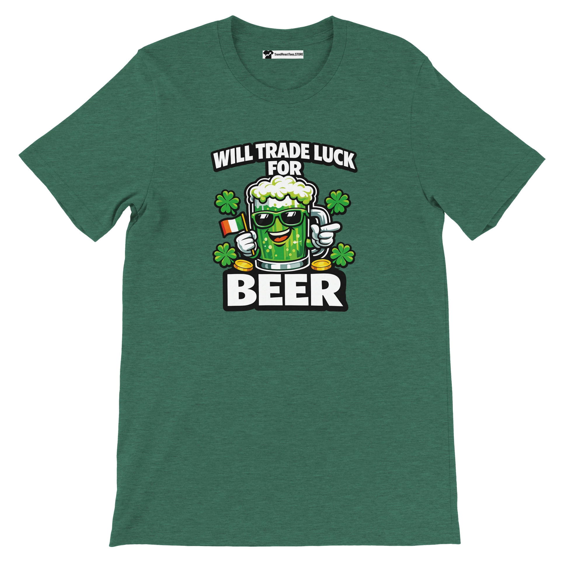 Green St. Patrick's Day tee with beer mug graphic, shamrocks, and 'Will Trade Luck for Beer' text