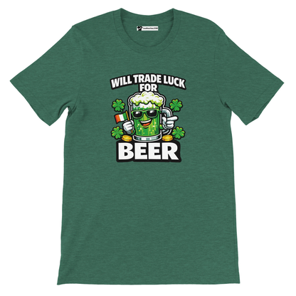 Green St. Patrick's Day tee with beer mug graphic, shamrocks, and 'Will Trade Luck for Beer' text