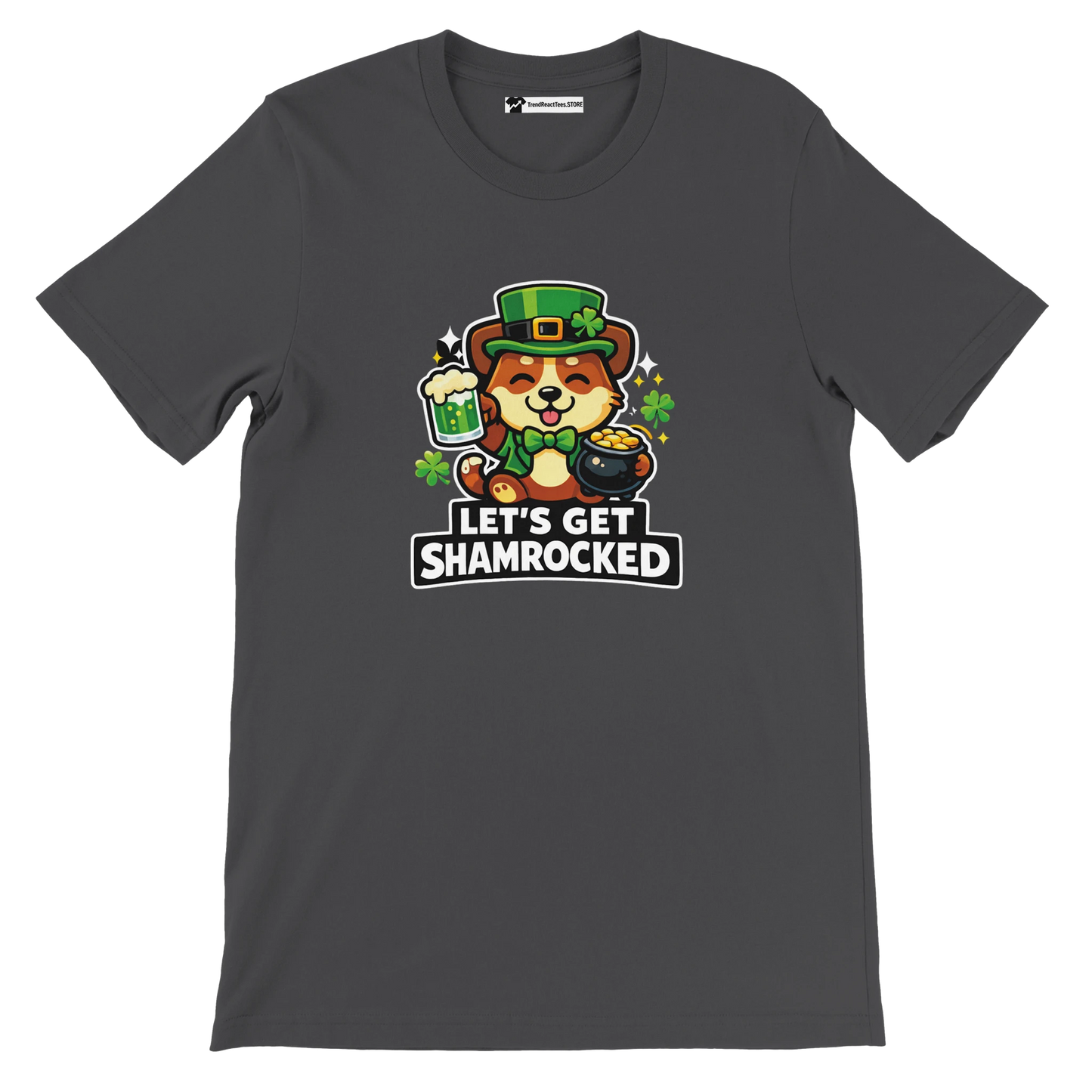 Dark t-shirt with cute dog in leprechaun hat, shamrocks, beer, pot of gold, St. Patrick's Day quote